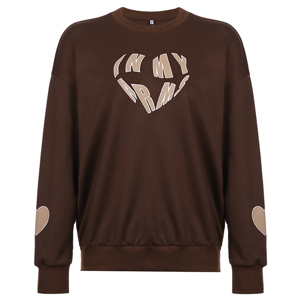 Áo Sweater Cổ Tròn Tay Dài Dáng Rộng In Hình Trái Tim Màu Nâu Kiểu Vintage Thời Trang Mùa Thu Cho Nữ Y2K