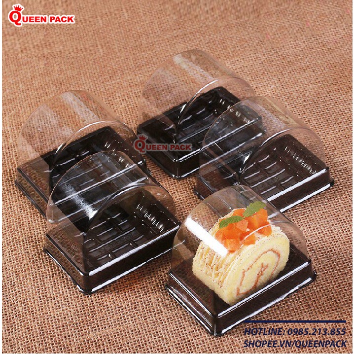 [QP-B107] SET 50 Hộp Nhựa Đựng Bánh Bông Lan Cuộn Đế đen kèm nắp nhựa PET trong
