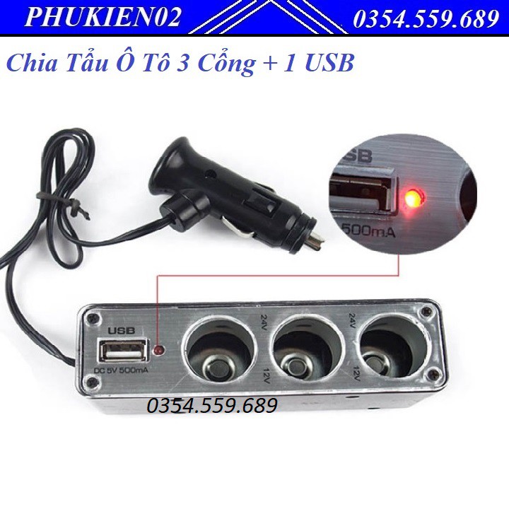 Bộ Chia Tẩu Ô Tô 3 Cổng + 1 USB Cao Cấp - C1021