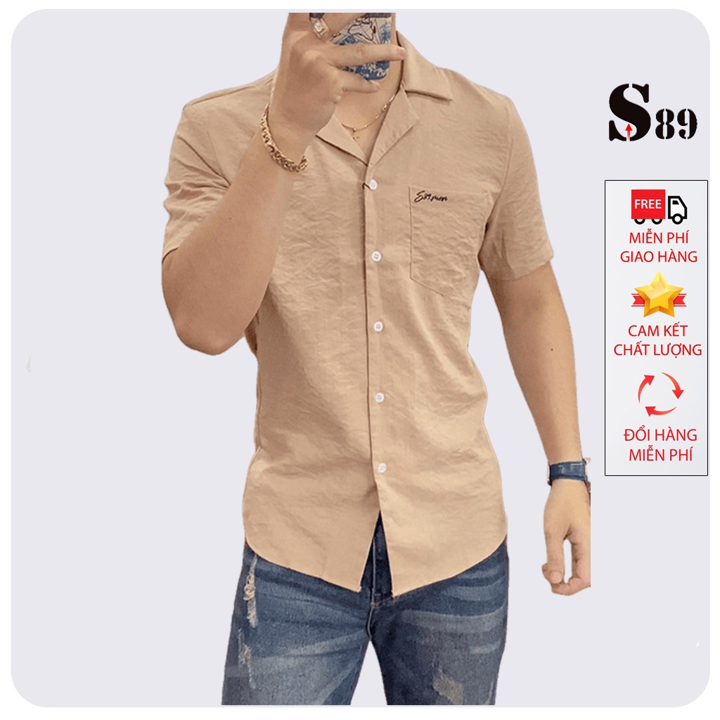 Áo sơ mi nam cộc tay S89 - ngắn tay ,cổ vest vải đũi xước thái cao cấp