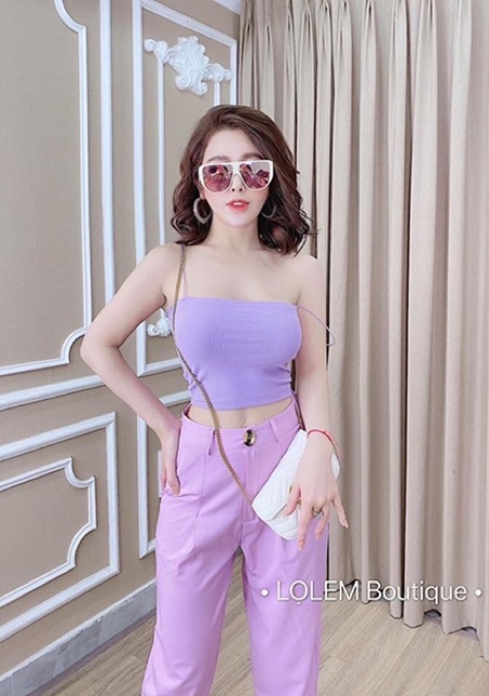 Set crop tím 2 dây và quần Tây baggy