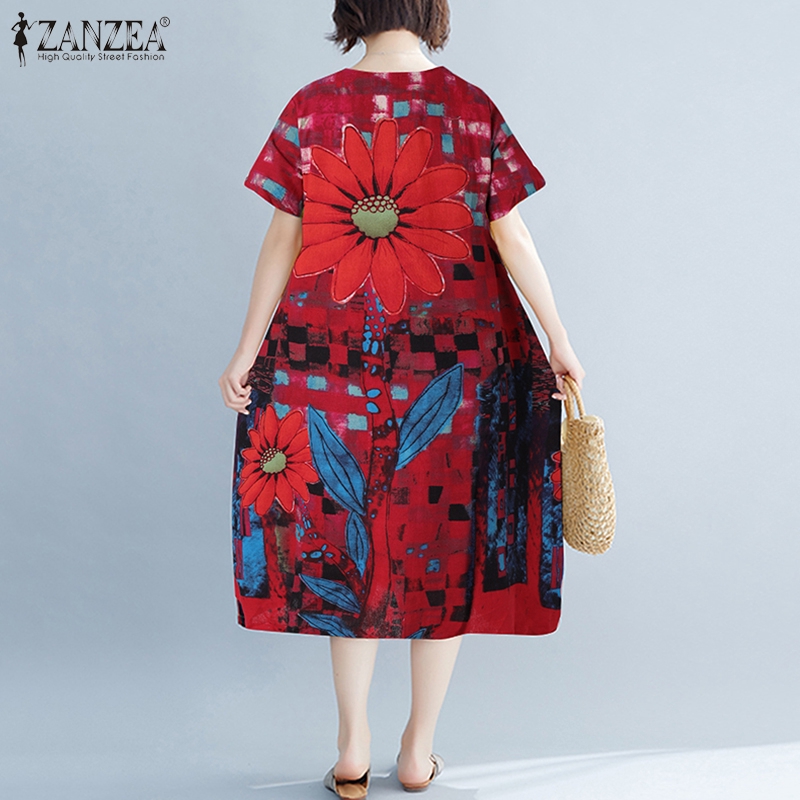 Đầm Zanzea Ngắn Tay In Họa Tiết Phong Cách Thanh Lịch Thời Trang
