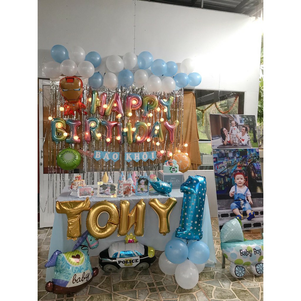 [ Khuyến Mại ] Set bong bóng Sinh Nhật Happy Birthday Cho Bé Trai + Bé Gái 1 tuổi tặng đủ đồ phụ kiện bơm+ băng keo CB09