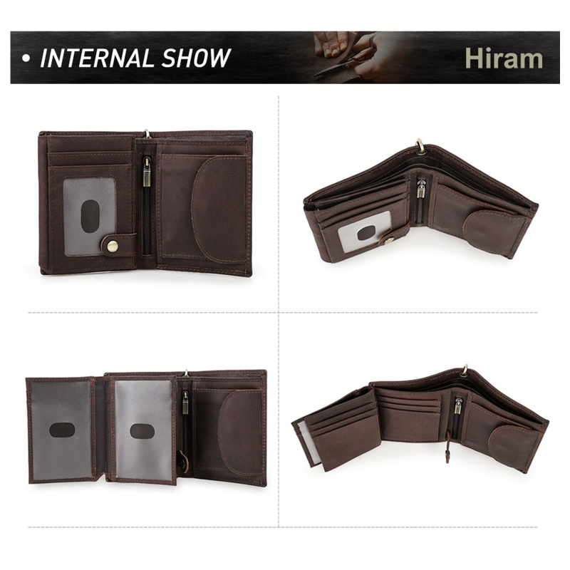 Youyo Ví Ngắn Gập Ba Bằng Da Bò Có Dây Xích RFID Chống Trộm Vintage Cho Nam Cred