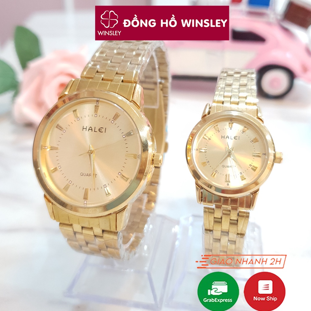 Đồng hồ đôi nam nữ đeo tay cặp chính hãng Halei dây kim loại đẹp vàng giá rẻ thời trang - Hàng mới về