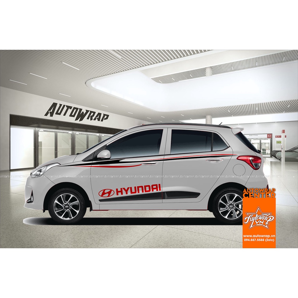 Tem họa tiết xe i10 Red Black Sport - Tem họa tiết ô tô Hyundai, tem dán sườn xe thể thao