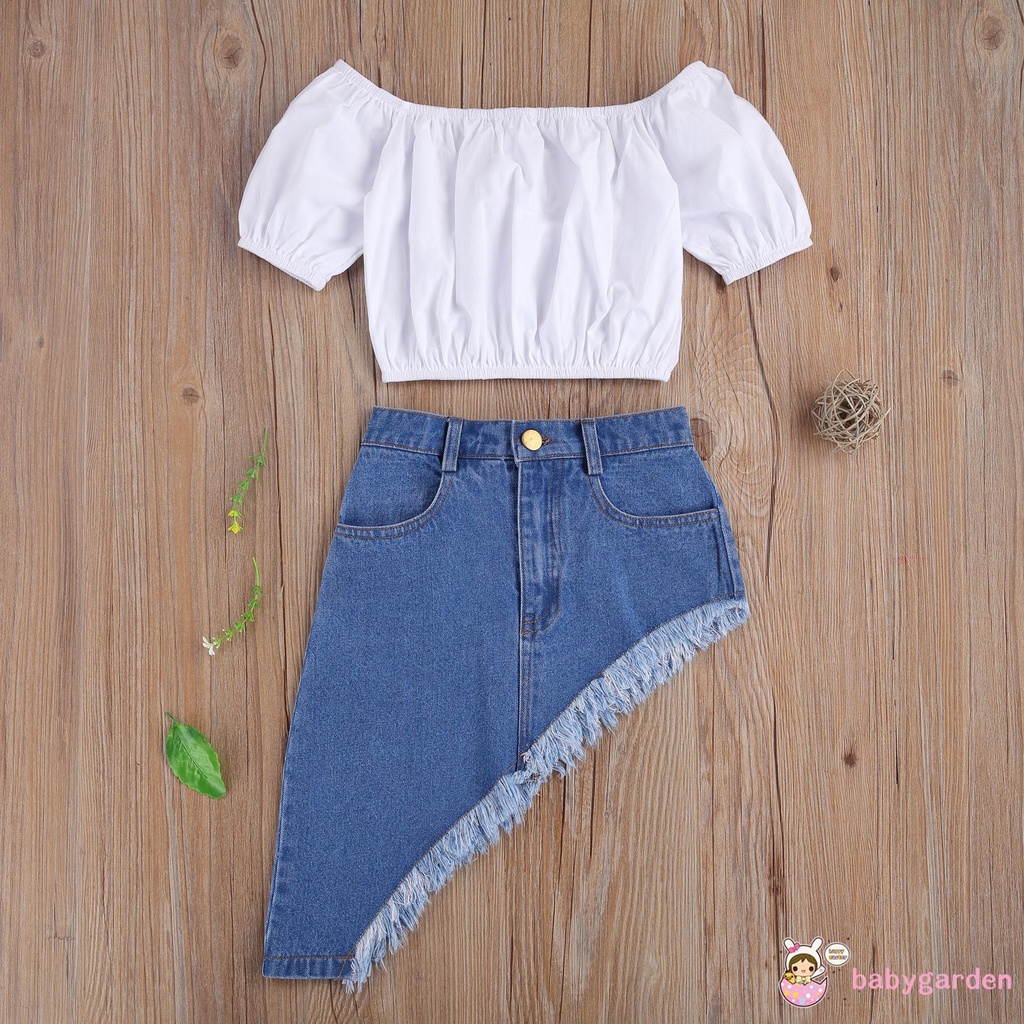 Áo Trễ Vai Ngắn Tay + Chân Váy Viền Ren Hợp Thời Trang Cho Bé Gái