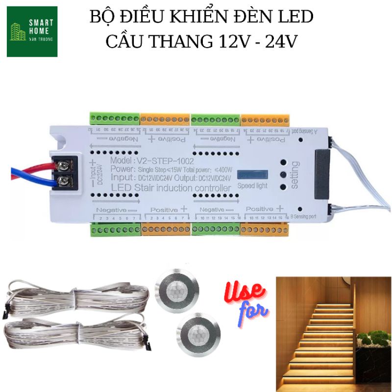 Bộ điều khiển đèn LED cầu thang thông minh 12V - 24V kèm 2 cảm biến chuyển động
