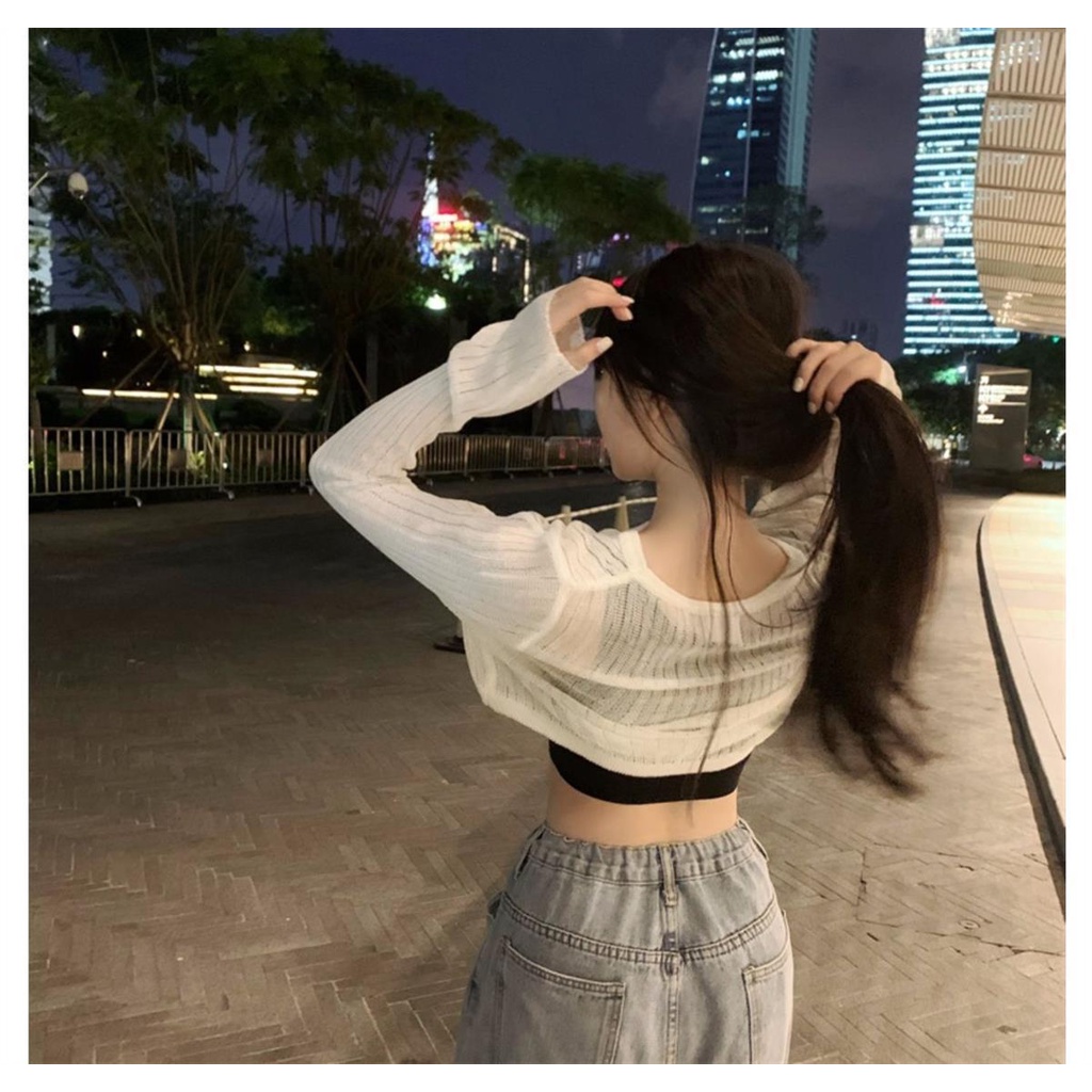 Áo Sweater Tay Dài Trong Suốt Nhẹ Nhàng Chống Nắng Thiết Kế Thân Ngắn Kiểu Nước Ngoài