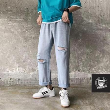 Quần jean baggy nam nữ ống rộng rách gối xanh nhạt 2020 | BigBuy360 - bigbuy360.vn