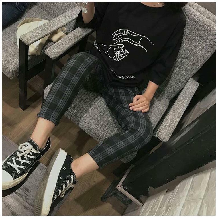 Quần caro xanh đen UNISEX 5theway - Quần baggy ca rô - Plaid Pants Xám đen ảnh thật