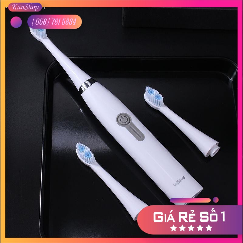 Bàn chải đánh răng điện chính hãng Worms 4 chế độ tự động đánh sạch răng - Tặng kèm 2 đầu thay thế