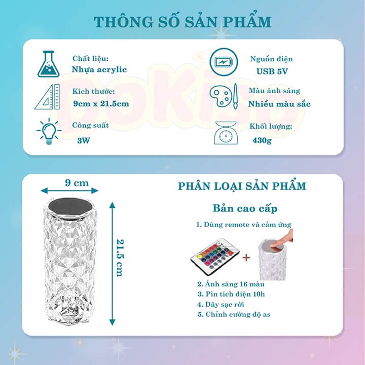 Đèn ngủ để bàn pha lê trang trí decor phòng hot tiktok Led RGB 16 màu, Cap sạc Type C - Tặng kèm điều khiển từ xa