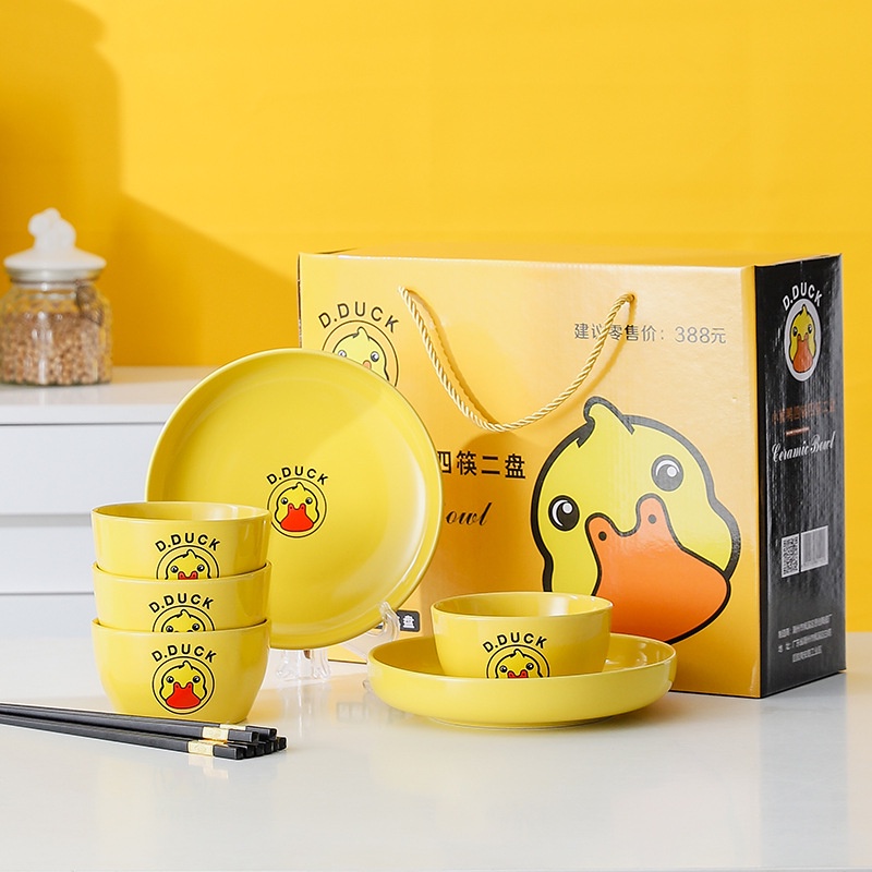 Bộ 2 bát 6 đĩa, Set tô chén gốm sứ Vịt Vàng B.Duck cho gia đình dùng được lò vi sóng, bộ đồ bàn ăn nhà bếp [Bếp nhà Haza