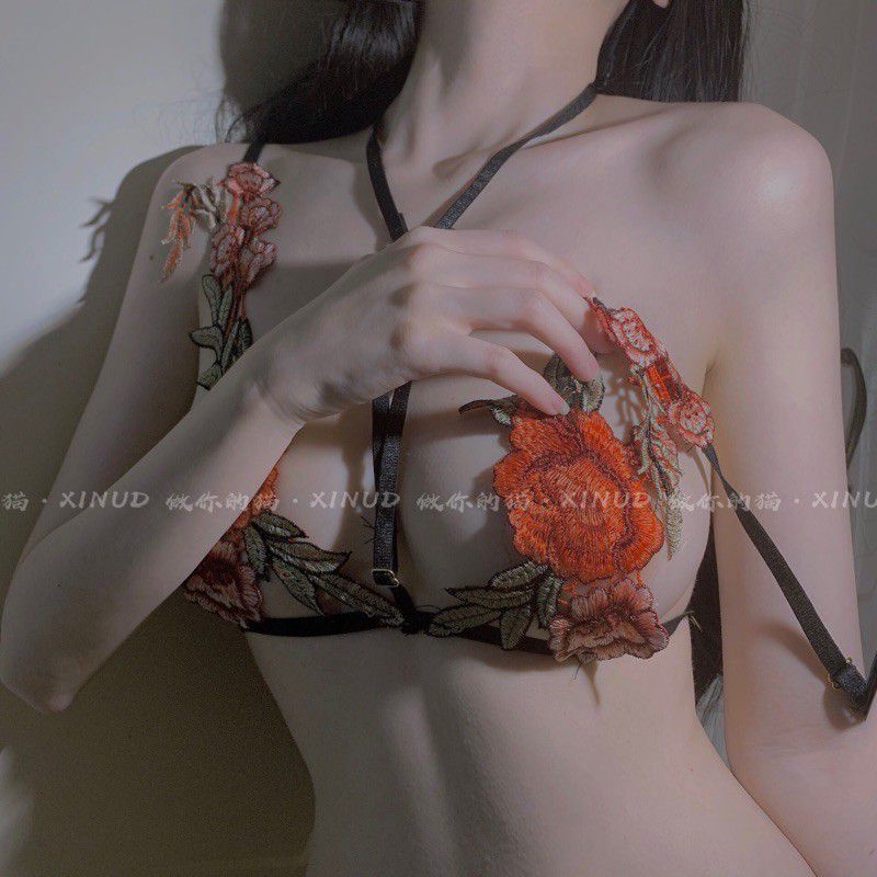 Bộ đồ lót sexy hoa hồng - set nội y thêu hoa gợi cảm hở đáy lingerie