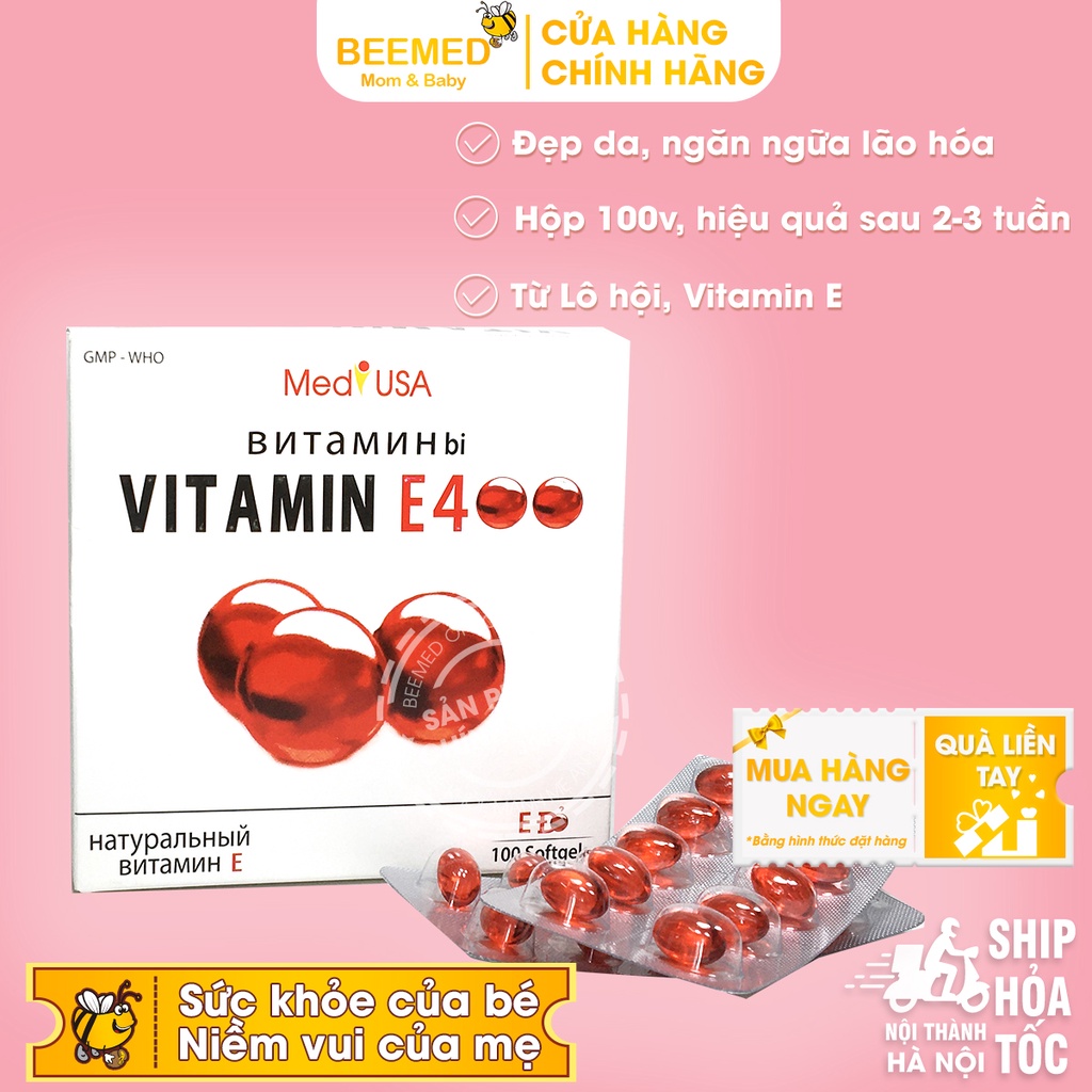 Bổ sung Vitamin E đỏ 400 IU, ngăn ngừa lão hóa, hỗ trợ làm đẹp da, có thêm lô hội, tương tự E đỏ Nga Hộp 100 viên