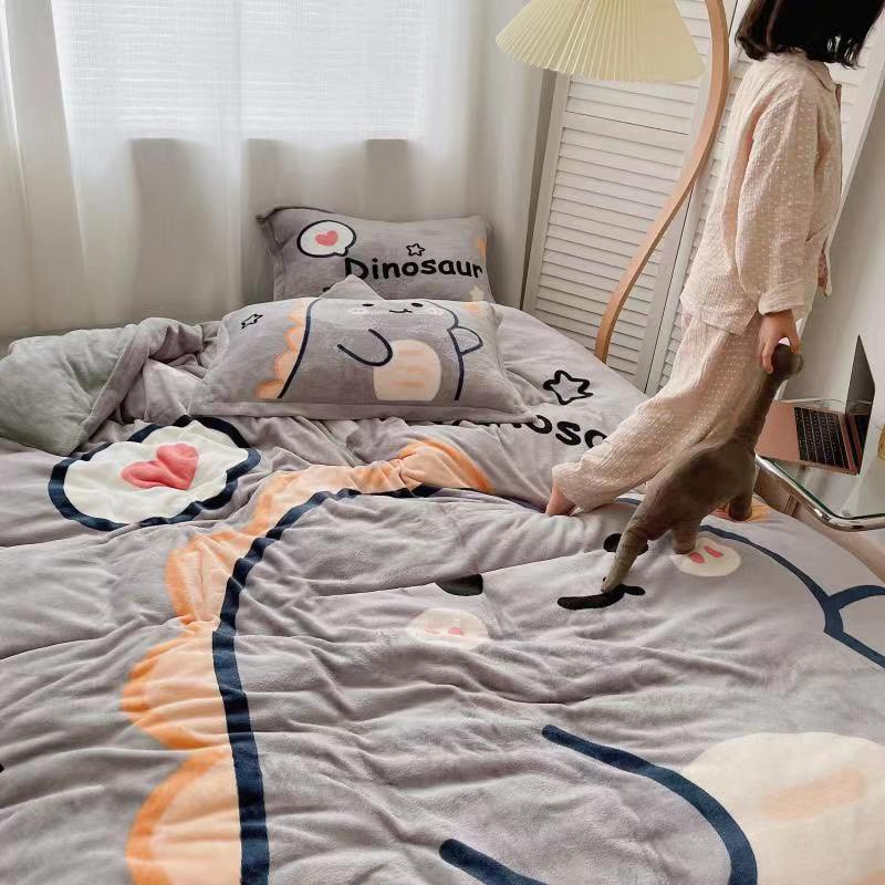 Bộ chăn ga gối drap giường Nỉ nhung 3D mẫu khủng long xám cute mới nhất - Ngân Khánh Bedding ga giường