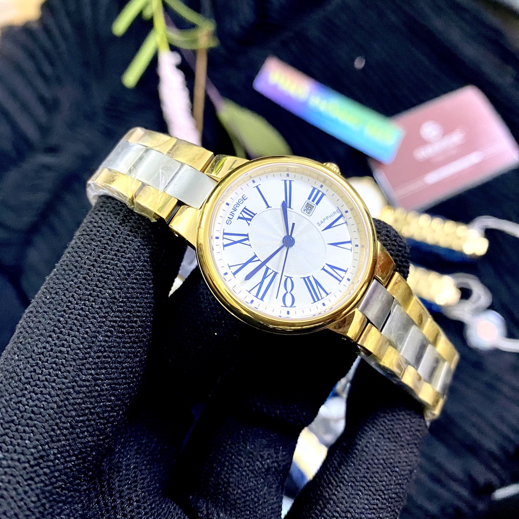 Đồng hồ nữ dây kim loại mặt kính chống xước sapphire Sunrise 2133 2133SA SL2133LSK trắng