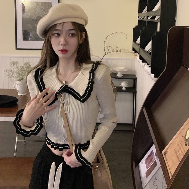Áo dệt kim cổ búp bê dáng ôm phong cách Hàn Quốc thời trang mùa đông mới