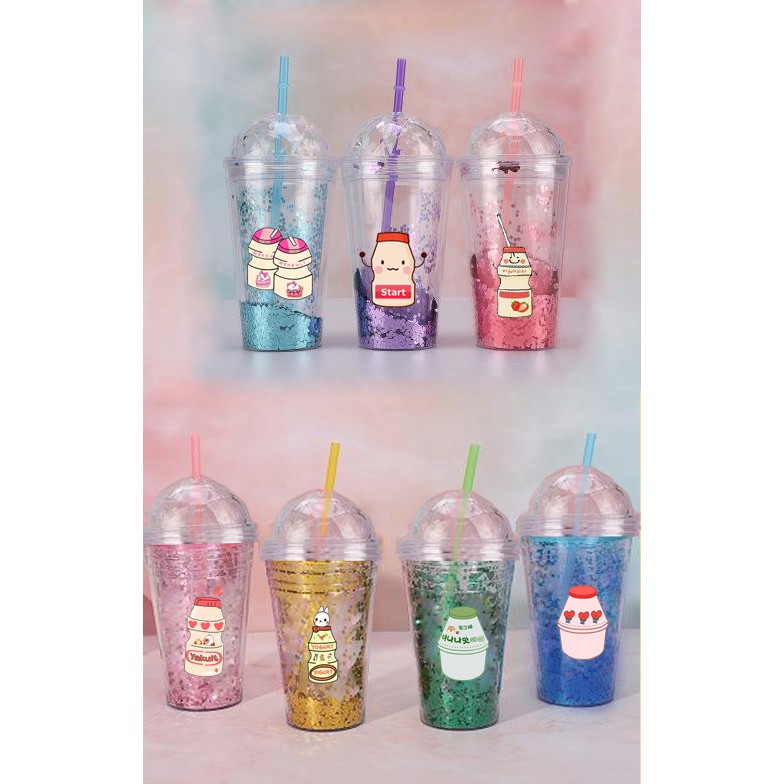 cốc 2 lớp kim tuyến yakult CNKI22 cốc giữ nhiệt ly 2 lớp cốc làm lạnh dễ thương 500ml