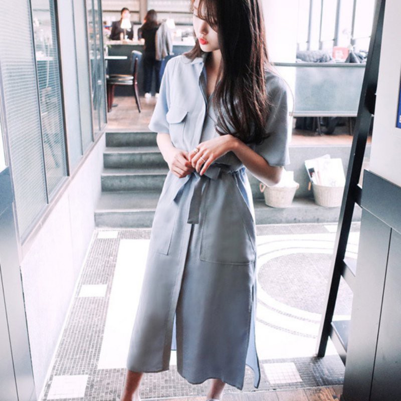 Đầm ngắn tay cổ bẻ màu trơn eo thắt dây thanh lịch cho nữ | BigBuy360 - bigbuy360.vn