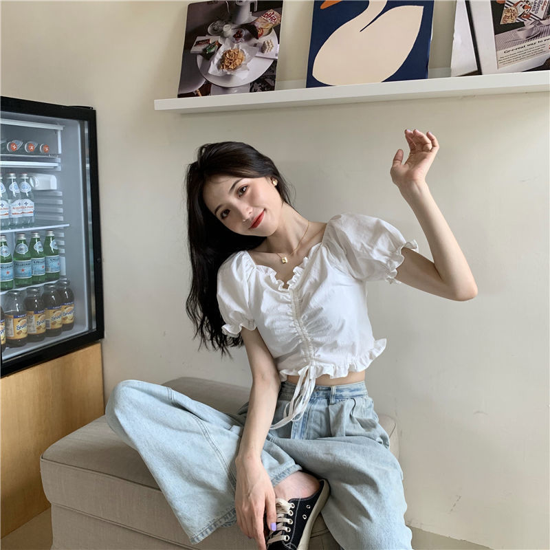 Áo croptop tay phồng cổ chữ V phối dây rút thời trang cho nữ