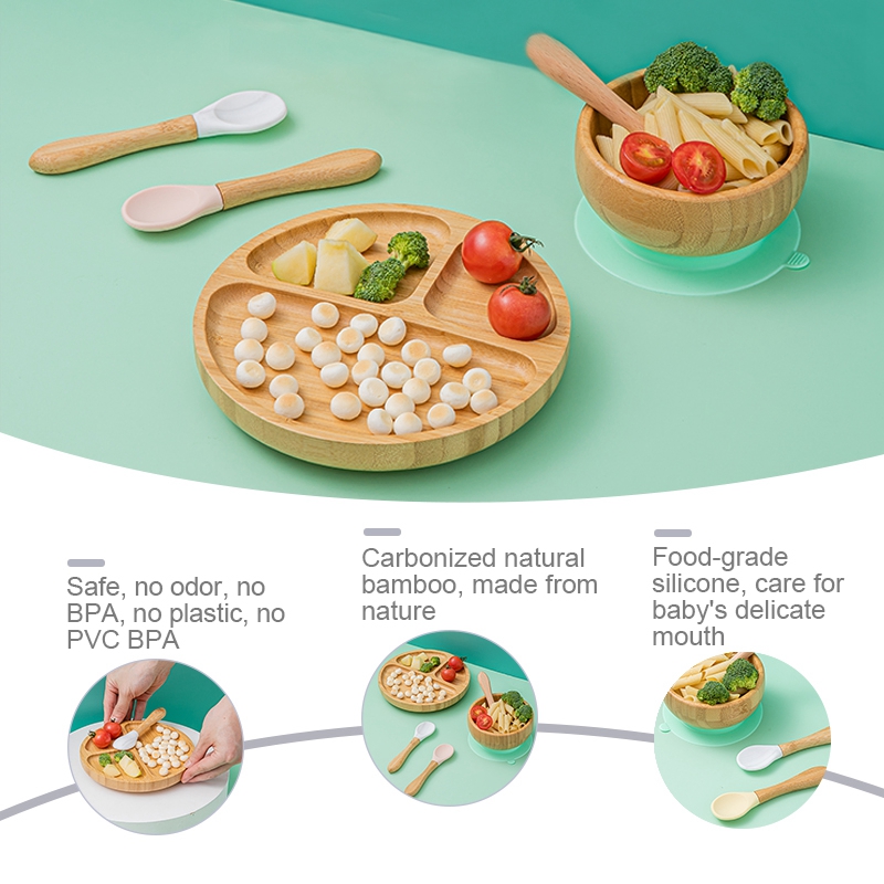 Bộ đồ ăn gồm thìa + bát + đĩa MAMIMAMIHOME có thiết kế cốc hút an toàn không độc hại cho bé