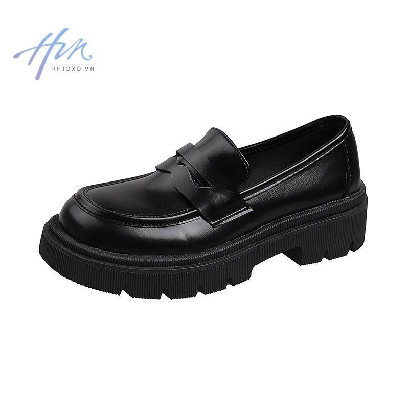 Giày da gót dày mũi tròn phong cách Anh quốc thời trang nữ 2022