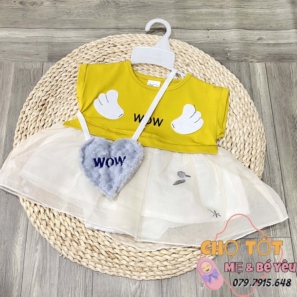 Đầm thun giả yếm phối voan mềm kèm túi bé gái (4-10kg)