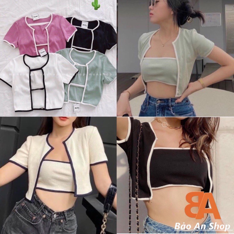 Sét bộ nữ croptop áo gân viền + áo ống lót (sét 2 món) | BigBuy360 - bigbuy360.vn