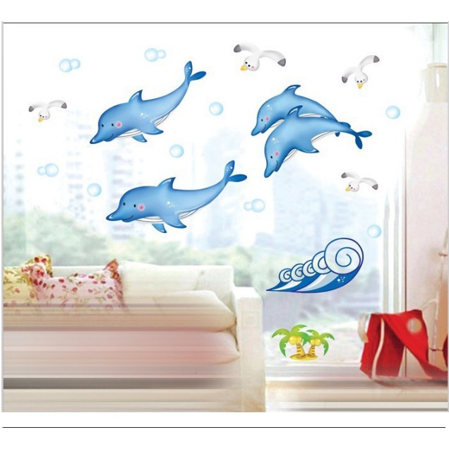 Decal trang trí bốn chú cá heo- DẠ QUANG
