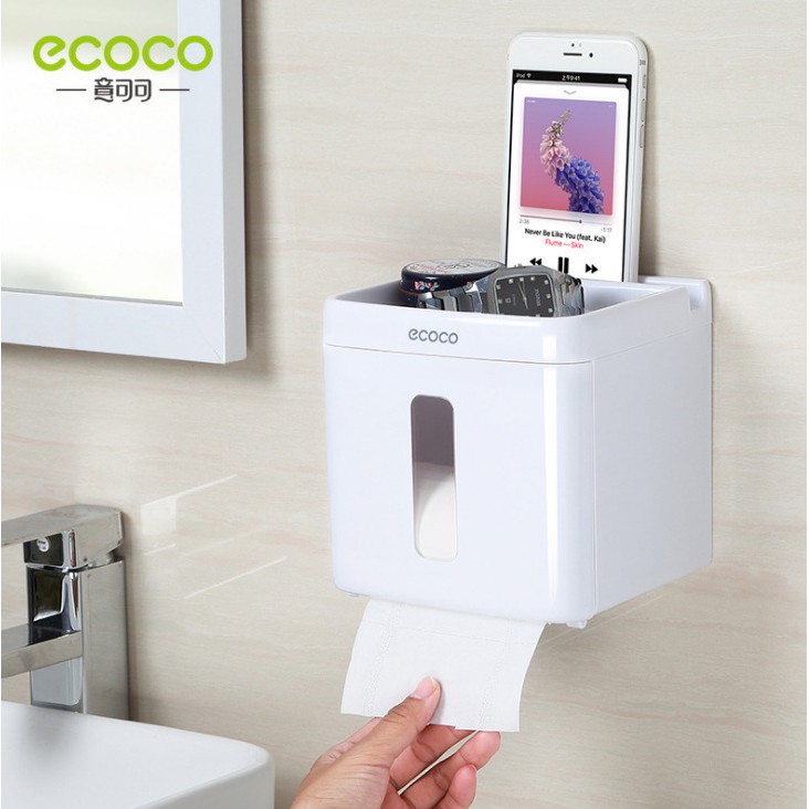 Hộp đựng giấy vệ sinh Ecoco chữ nhật dán tường nhà tắm - kệ toilet cao cấp có khay đựng đồ dùng cá nhân