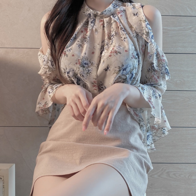 Áo Hoa Tay Loe 168550 Áo Chiffon Trễ Vai Dáng Rộng Phong Cách Phương Tây Thời Trang Cho Nữ