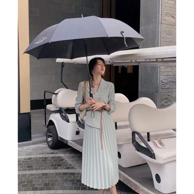 Set váy thiết kế dập li cổ vest kèm đai hai màu sang chảnh | BigBuy360 - bigbuy360.vn