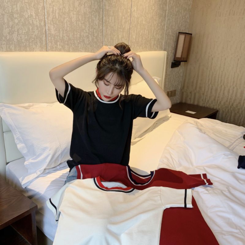 Áo Thun Nữ Hàng Quảng Châu Chất Dệt Kim Mềm Co Giãn Phối Viền Cổ Đẹp Cute
