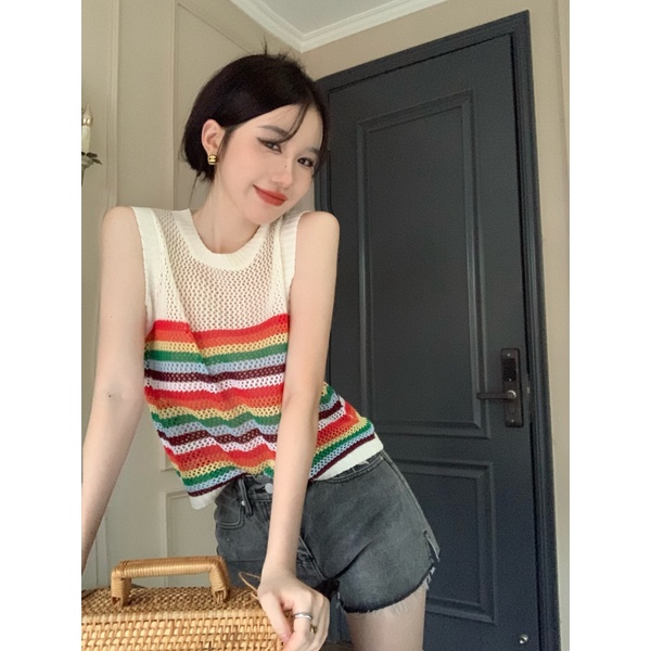 Áo Dệt Kim Sát Nách Dáng Rộng Họa Tiết Kẻ Sọc Thời Trang Mùa Hè Cho Nữ