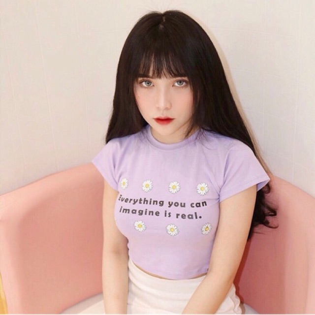 Áo croptop tím in bông cúc vải mềm mịn RICH STORE CRT11