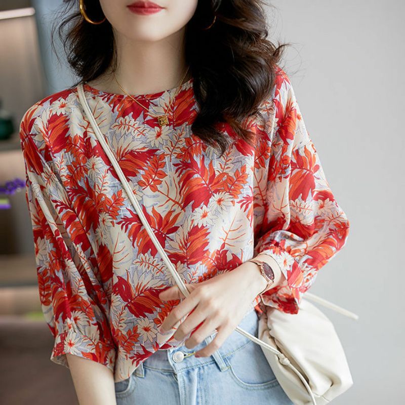 Áo Sơ Mi Nữ Tay Lỡ Cổ Tròn Lá Phong Đỏ Thời Trang