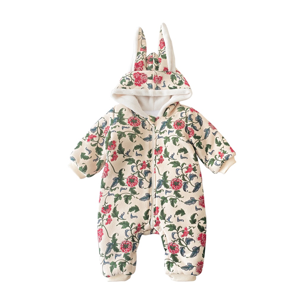 Bộ áo liền quần SANLUTOZ tay dài bằng cotton in hoa dễ thương thời trang mùa đông cho bé gái