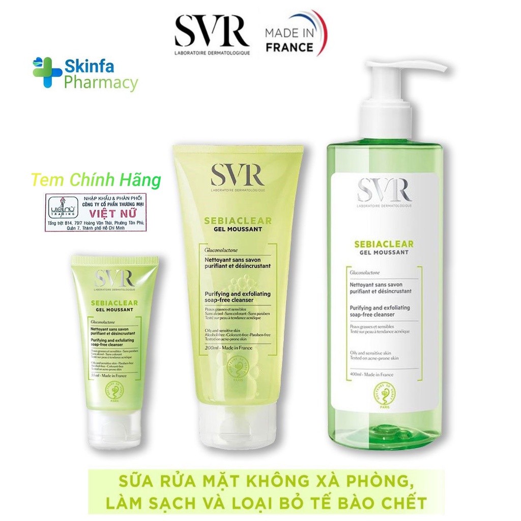 Sữa Rửa Mặt SVR SEBIACLEAR Gel Moussant Làm Sạch Loại Bỏ Tế Bào Chết Không Chứa Xà Phòng