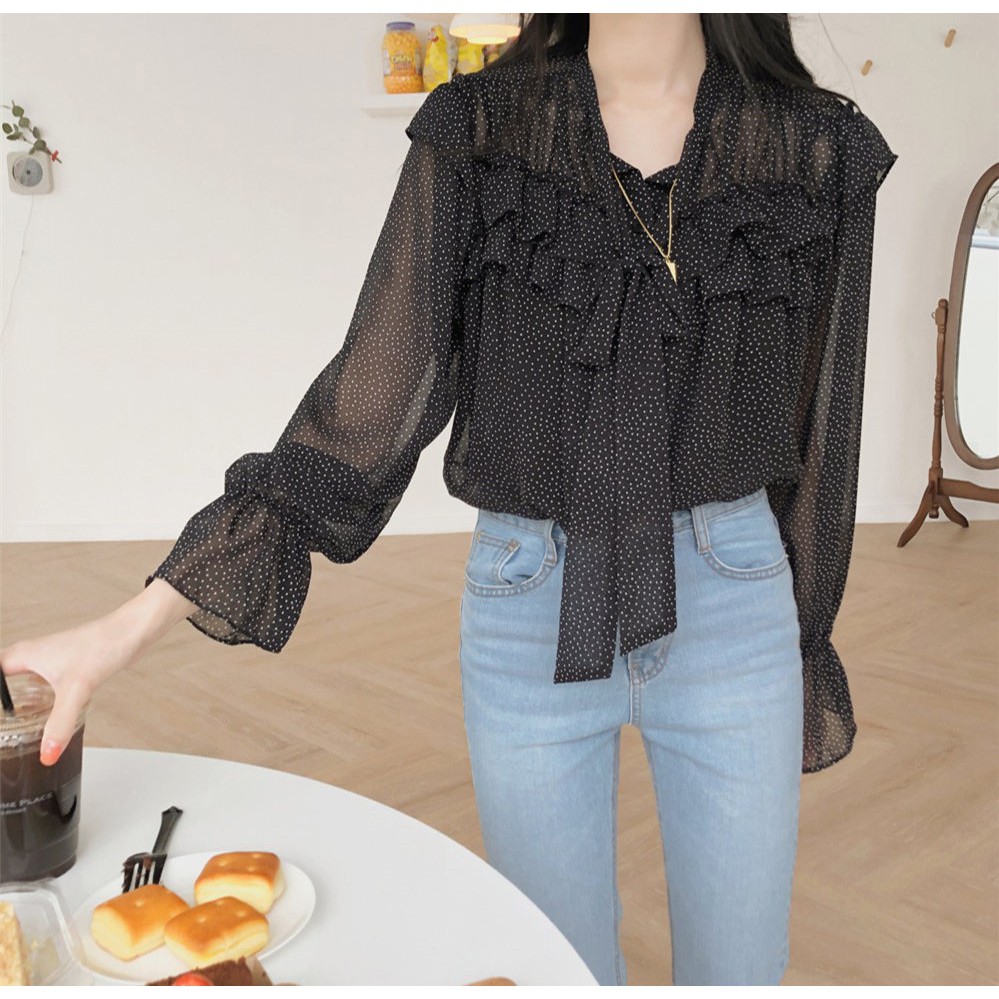 Áo voan tay dài phối bèo họa tiết chấm bi thanh lịch 27588