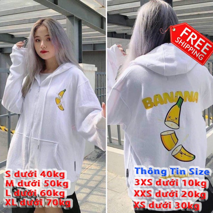 Áo hoodie, áo khoác thun nỉ CHUỐI BANANA nỉ bông ulzzang nam nữ unisex form rộng dây kéo zip dày giá rẻ đẹp