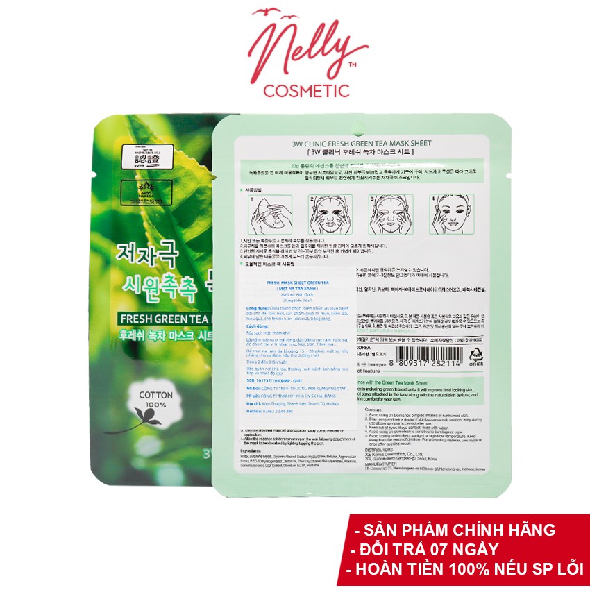 (❤️SIÊU KHUYẾN MÃI ❤️)Mặt nạ dưỡng da chiết xuất Trà Xanh 3W Clinic Green Tea Mask Sheet Hàn Quốc