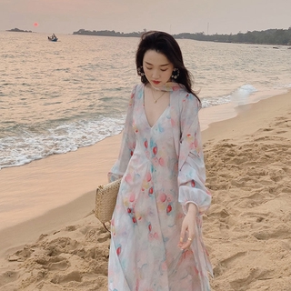 New đầm maxi tay dài cổ chữ v in họa tiết thời trang mùa hè cho nữ