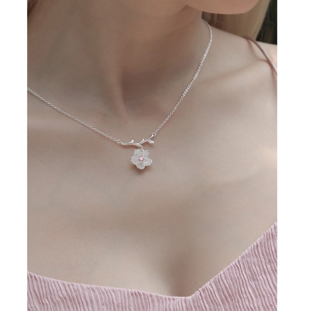 Vòng cổ bạc Ý TNC JEWELLERY 925 cành hoa anh đào hồng thanh lịch cho nữ