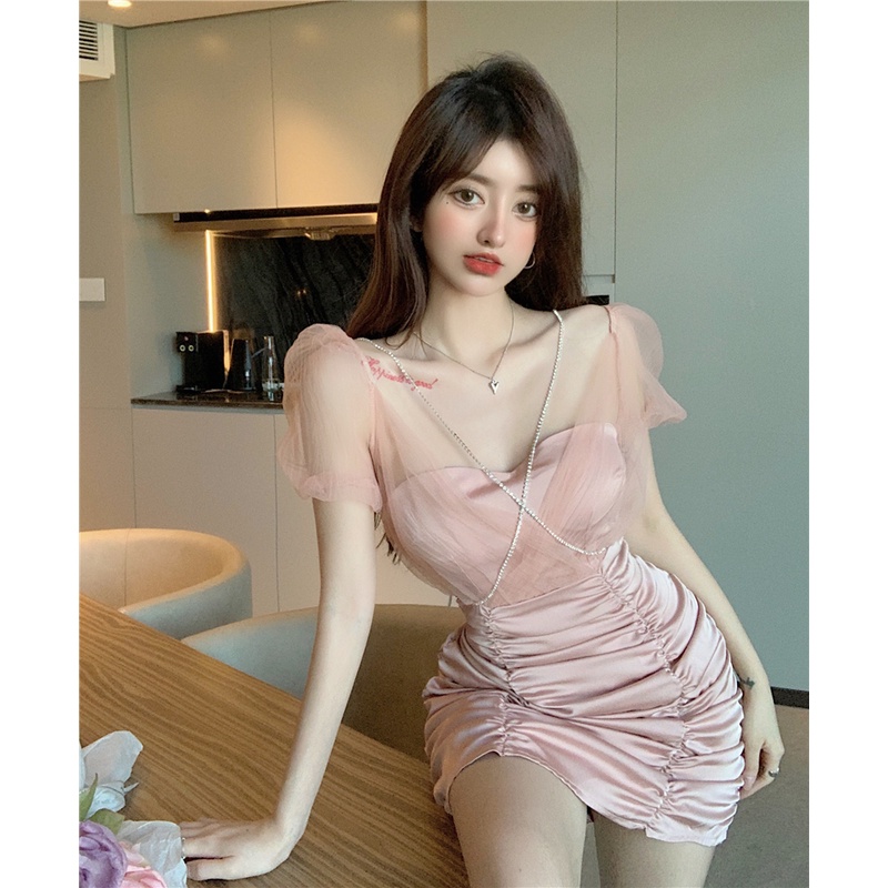 Đầm Ống Ôm Eo Đính Đá Họa Tiết Kẻ Sọc Phong Cách Pháp Quyến Rũ Dành Cho Nữ