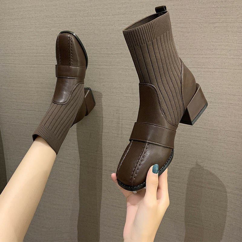 Giày bốt/ boot nữ mũi da cổ cao len chun siêu đẹp guốc 5cm