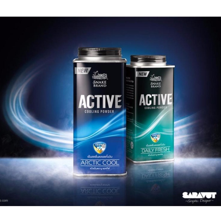 Phấn lạnh, Phấn Bột Cho Nam Snake Brand Active Arctic Cooling Power Giúp Khô Thoáng, Khử Mùi Mát Lạnh Thái Lan 140g