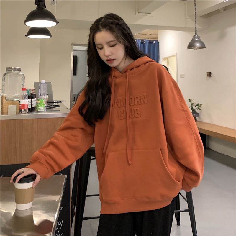 Áo hoodie dáng rộng tay dài vải nhung in chữ thời trang Hàn Quốc  | BigBuy360 - bigbuy360.vn