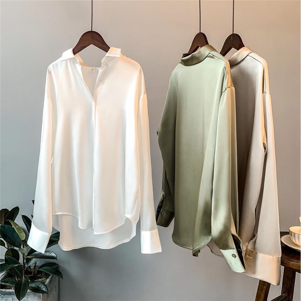 Áo Sơ Mi Tay Dài Form Rộng Chất Liệu Satin Kiểu Dáng Mới